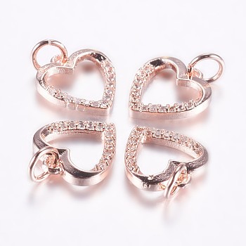 Long-Lasting Plated Brass Micro Pave Cubic Zirconia Charms, Hollow Heart, Real Rose Gold Plated, 11.5x11x2mm, Hole: 3mm