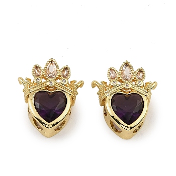 Brass & Cubic Zirconia & Glass Multi-Strand Links, Heart with Crown, Rack Plating, Long-Lasting Plated, Cadmium Free & Lead Free, Real 18K Gold Plated, 19x17x8mm, Hole: 1.6mm