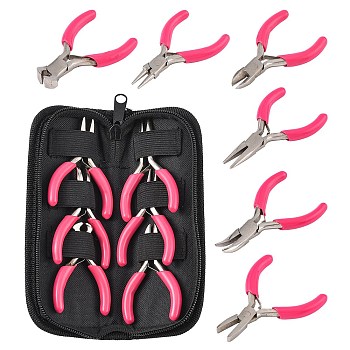 Carbon Steel Jewelry Plier Sets, Flat Nose Pliers & Chain Nose Pliers & Round Nose Pliers & Bent Nose Pliers & Side Cutter & End Cutting Pliers, Deep Pink, 70~80x40~52x6~9mm