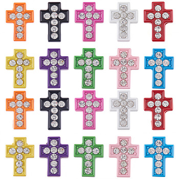 60Pcs Spray Painted Alloy Slide Charms, with Rhinestone, Cross, Mixed Color, 13.5x10x4.5mm, Hole: 2x8mm