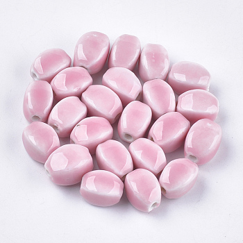 Handmade Porcelain Beads, Bright Glazed Porcelain Style, Oval, Pink, 14x10.5x11mm, Hole: 2.5mm
