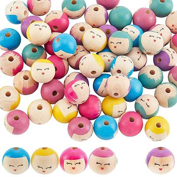 ARRICRAFT 40pcs 4 colors Wood Beads, Dyed, Round with Printed Smiling Face, Mixed Color, 24x22.5mm, Hole: 5.6mm, 10pcs/color