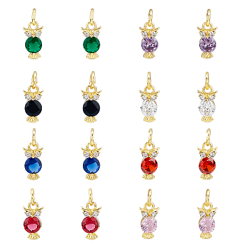 16PCS 8Colors Brass Micro Pave Cubic Zirconia Charms, Real 18K Gold Plated, Cadmium Free & Lead Free, Owl, Mixed Color, 11x6x3mm, Hole: 3.8mm, 2pcs/color