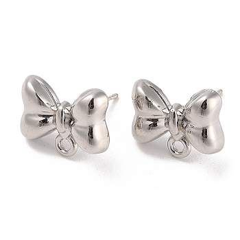 Silver Alloy Stud Earring Findings, with Horizontal Loops & 925 Sterling Silver Pin, Bowknot, 11x14mm, Pin: 11x0.6mm