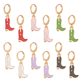 6 Pairs 6 Colors Alloy Enamel Boots Dangle Leverback Earrings with Iron Pins, Mixed Color, 32x10.5mm, 1 pair/color