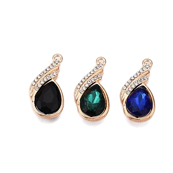 Alloy Glass Pendants, with Rhinestone, Cadmium Free & Lead Free, Teardrop Charms, Mixed Color, 29x15x5mm, Hole: 1.8mm