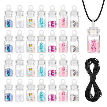 Glass Wishing Bottle Pendant Decorations, with Star Glitter Sequins/Paillette Inside and Waxed Polyester Cord, Mixed Color, Pendant: 24.5x10mm, Hole: 2mm, 28pcs; Cord: 1mm, about 10m/bundle, 1 bundle