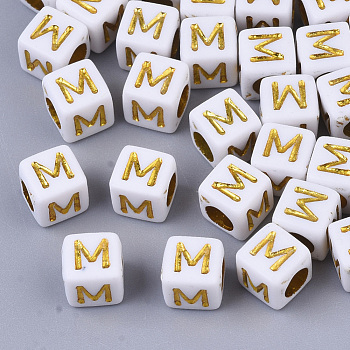 Plating Acrylic Beads, Horizontal Hole, Golden Metal Enlaced, Alphabet Style, Cube, Letter.M, 5.5~6x5.5~6x5.5~6mm, Hole: 3.5mm, about 3000pcs/500g