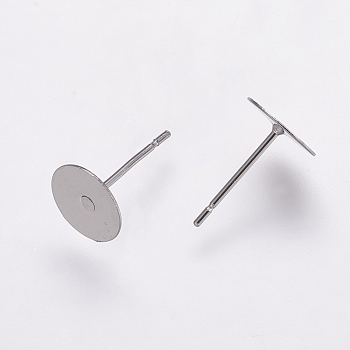 304 Stainless Steel Stud Earring Settings, Flat Pad Earring Post, Flat Round, Stainless Steel Color, Tray: 8mm, 12x8mm, Pin: 0.7mm