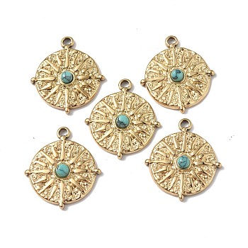 Natural Turquoise Pendants, Flat Round Charms, with Vacuum Plating Real 18K Gold Plated 201 Stainless Steel Findings, 22x19.5x3.5mm, Hole: 1.8mm