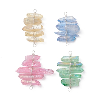 4Pcs 4 Colors Dyed Natural Quartz Crystal Copper Wire Wrapped Connector Charms, Faceted Nuggets Links, Silver Color, Mixed Color, 35.5~37.5x21~38x7~9mm, Hole: 2mm, 1pc/color