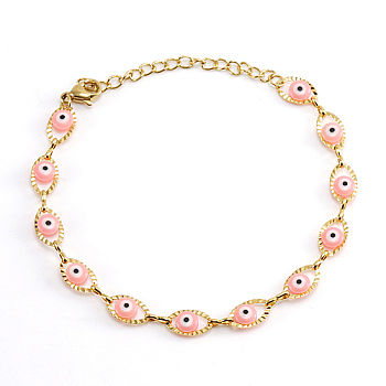 Golden Stainless Steel Enamel Horse Eye Link Chain Bracelets, Pink, 6-3/4 inch(17cm)