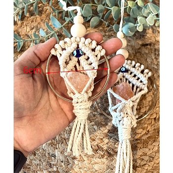 Handmade Macrame Jute Cord with Glass Evil Eye Tassel Car Hanging Ornament, with Wood Beads and Iron Ring for Wall Car Decorations, Old Lace, 60mm