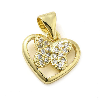 Rack Plating Brass Micro Pave Clear Cubic Zirconia Charms, Long-Lasting Plated, Cadmium Free & Lead Free, Heart with Butterfly Charm, Real 18K Gold Plated, 11x12x3.5mm, Hole: 4x3.5mm