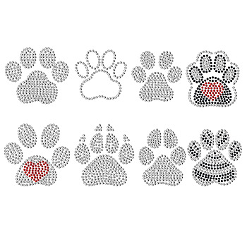 Paw Print Glass Hotfix Rhinestone, Iron on Appliques, Costume Accessories, for Clothes, Bags, Pants, Crystal & Siam & Jet, 210x297mm