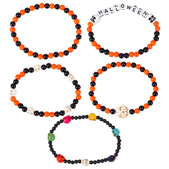 BENECREAT 30Pcs 5 Style Synthetic Turquoise Skull & Acrylic Beaded Stretch Bracelets Set, Word Halloween Stackable Bracelets for Women, Mixed Color, 2~2-1/4 inch(5.1~5.7cm)