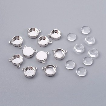 DIY Pendant Making, Brass Charms Cabochon Settings and Glass Cabochons, Flat Round, Clear, Platinum, 7.5~8x3mm
