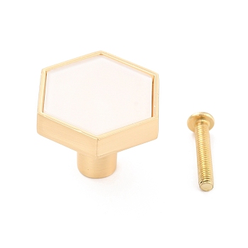 Hexagon with Marble Pattern Brass Box Handles & Knobs, with Resin Cabochons and Iron Screws, Matte Gold Color, White, 29.5x34x24.5mm, Hole: 3.5mm