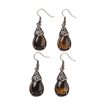 Natural Tiger Eye Teardrop Dangle Earrings, Red Copper Plated Brass Earrings for Women, 48x15mm