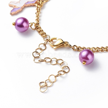 Alloy Enamel & Glass Pearl Charm Bracelet with 304 Stainless Steel Chains for Women(BJEW-JB08707-04)-6