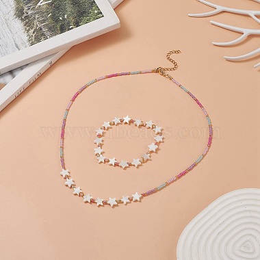 Natural Shell Star & Glass Seed Beaded Necklace & Stretch Bracelet(SJEW-JS01271)-2