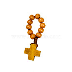 Wood Cross & Round Beads Finger Rings, with Polyester Cord, Goldenrod, US Size 8 1/2(18.5mm)(RJEW-WH0011-34F)