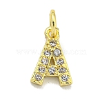 Letter Brass Micro Pave Clear Cubic Zirconia Pendants, Cadmium Free & Nickel Free & Lead Free, Jump Ring, Golden, Letter A, 9x6x1.8mm, Jump Ring: 4x0.9mm, Hole: 2.5mm(KK-K354-06G-A)