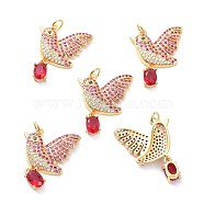 Real 18K Gold Plated Brass Micro Pave Cubic Zirconia Pendants, Long-Lasting Plated, Bird, Red, 26x21x4mm, Hole: 3mm(KK-D004-27G)