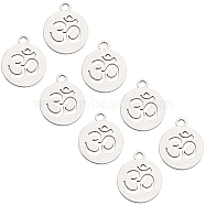 304 Stainless Steel Charms, Flat Round with Om Symbol, Stainless Steel Color, 14x12x1mm, Hole: 1.5mm, 20pcs/box(STAS-UN0018-98P)