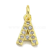 Letter Brass Micro Pave Clear Cubic Zirconia Pendants, Jump Ring, Real 18K Gold Plated, Letter A, 9x6x1.8mm, Jump Ring: 4x0.9mm, Hole: 2.5mm(KK-K354-06G-A)