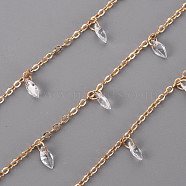 Handmade Brass Cable Chains, with Cubic Zirconia charms, Soldered, Cone, Real 18K Gold Plated, 2x1.5x0.3mm, about 16.4 Feet(5m)/roll(CHC-S012-069)