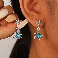 Starfish with Turtle Alloy Rhinestone Dangle Stud Earrings, with 304 Stainless Steel Pins for Women, Platinum, 29.6x13.8mm(EJEW-A112-02P)