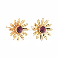 Brown Cubic Zirconia Sunflower Stud Earrings, Rack Plating Brass Jewelry for Women, Cadmium Free & Lead Free & Nickle Free, Real 18K Gold Plated, 11mm, Pin: 0.7mm(EJEW-I265-12G)