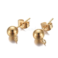 304 Stainless Steel Stud Earring Findings, with Loop and Ear Nut/Earring Backs, Real 24K Gold Plated, 9mm, Hole: 1.8mm, Ball: 6mm, Pin: 0.8mm(STAS-P148-07G-B)