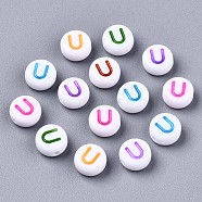 Opaque White Acrylic Beads, Flat Round with Mixed Color Letter, Letter.U, 7x3.5mm, Hole: 1.2mm, about 4000pcs/500g(MACR-N012-01U)