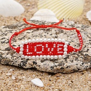 Word LOVE Loom Pattern Seed Beads Bracelets for Women, Adjustable Nylon Cord Braided Bead Bracelets, Red, 11 inch(28cm)(BJEW-Z013-35)