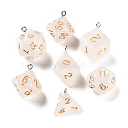 7Pcs 7 Styles Transparent Resin Polyhedral Dice Pendants Set, Multi-Sided Dice Charms with Platinum Plated Iron Loops, Mixed Shapes, Floral White, 20~28x19~24x17~24mm, Hole: 2mm, 1pc/style(RESI-A029-01F)