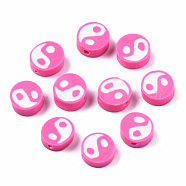 Handmade Polymer Clay Beads, Flat Round with Yin Yang, Hot Pink, 9~10x9~10x4~7mm, Hole: 2mm(CLAY-T016-65E)