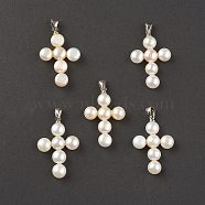 Natural Pearl Pendants, with Platinum Plated Brass Findings, Cross Charm, 30x20x5.5mm, Hole: 5x3mm(PEAR-T005-04)