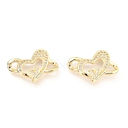 Brass Micro Pave Clear Cubic Zirconia Links Connectors, Long-Lasting Plated, Heart with Heart, Real 18K Gold Plated, 14.5x21.5x2.5mm, Hole: 2.7x3mm(KK-I683-10G)