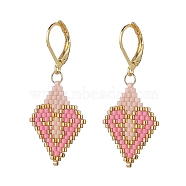 Glass Seed Braided Rhombus with Heart Dangle Leverback Earrings, 304 Stainless Steel Drop Earrings for Women, Pearl Pink, 44mm, Pin: 0.7mm(EJEW-MZ00030-01)