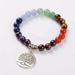 Natural Gemstone Stretch Charm Bracelets, with Tibetan Style Tree of Life Pendant, Antique Silver, Colorful, 55mm(BJEW-JB01702)