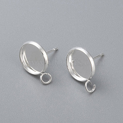 304 Stainless Steel Stud Earring Settings, with Loop, Flat Round, Silver, Tray: 10mm, 15x12x1.5mm, Hole: 2mm, Pin: 0.8mm(STAS-H380-C-13S)