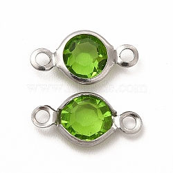 304 Stainless Steel with Glass Connector Charms, Flat Round Links, Stainless Steel Color, Yellow Green, 12.5x7x2mm, Hole: 1.5mm(STAS-G305-08P-01)