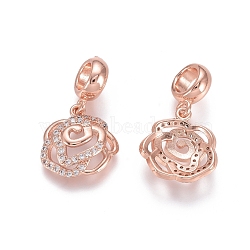 Brass Micro Pave Cubic Zirconia European Dangle Charms, Large Hole Pendants, Flower, Clear, Rose Gold, 23mm, Flower: 14x14x4mm, Hole: 2mm(ZIRC-E163-04RG)