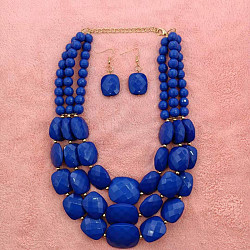 Bohemian Style Acrylic Faceted Rectangle Beaded Multilayer Necklaces & Dangle Earrings Sets, Dark Blue, 420mm(WGBB337-05)