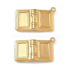 304 Stainless Steel Pendant Cabochon Settings, Book Charms, Ion Plating(IP), Real 18K Gold Plated, 14x22.5x4mm, Hole: 1.6mm(SA-CBAE5AC-23G)