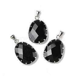 Natural Obsidian Pendants, Faceted Oval Charms with Brass & Iron Findings, Platinum, 26x17x5~6mm, Hole: 4.5mm(G-H086-01P-06)