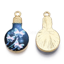 Printed Alloy Enamel Pendants, Lead Free & Nickel Free & Cadmium Free, Light Gold, Light Bulb Charm, Butterfly Pattern, 22x12x2.5mm, Hole: 1.8mm(ENAM-N056-178-04)