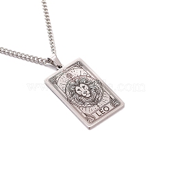 304 Stainless Steel Curb Chain Rectangle with Constellation Pendant Necklaces, Stainless Steel Color, Leo, 23.62 inch(60cm)(PW-WG0F5D0-13)